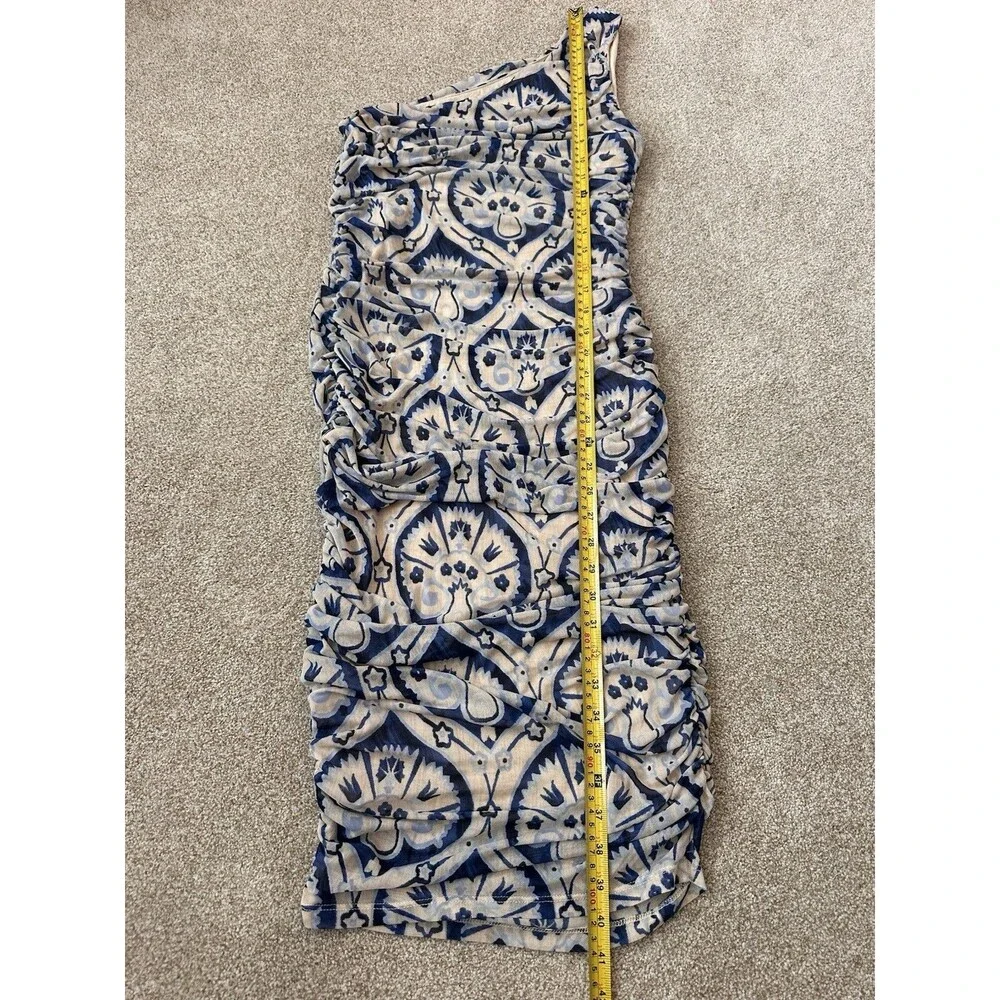 House of Harlow 1960 One Shoulder Ruched Midi Dress Blue Cream Print Size Small